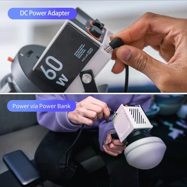 Người dùng Zhiyun MOLUS G60 thông qua bộ đổi nguồn DC hoặc cáp USB-C 