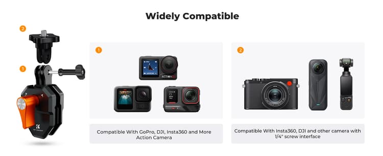K&F Concept Windshield Mount Clamp hỗ trợ nhiều dòng action cam