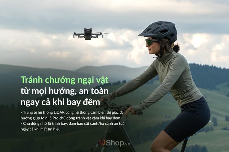 DJI Mini 5 Pro được trang bị cảm biến chướng ngại vật đa hướng, hoạt động cả ban đêm
