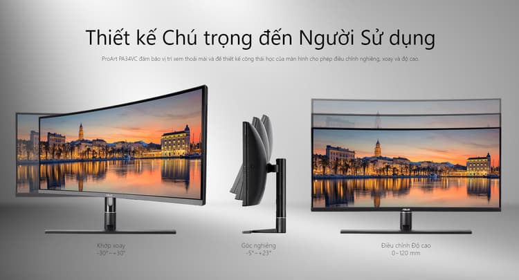 Màn hình ASUS ProArt PA34VC có thể điều chỉnh độ cao hoặc xoay màn hình linh hoạt