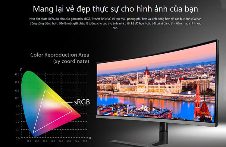 Nhờ việc đạt được 100% độ phủ của gam màu sRGB, ProArt PA34VC đã có cho mình khả năng tái tạo màu phong phú và sinh động