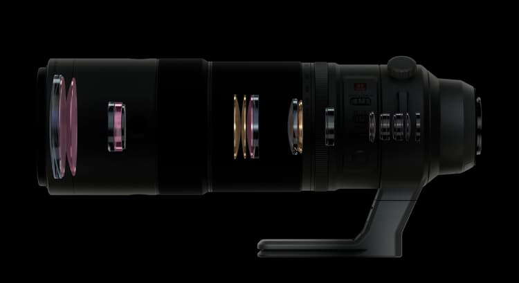 Ống kính xf 150-600 mm f/5.6-8 R gồm bốn thấu kính super ED và ba thấu kính ED