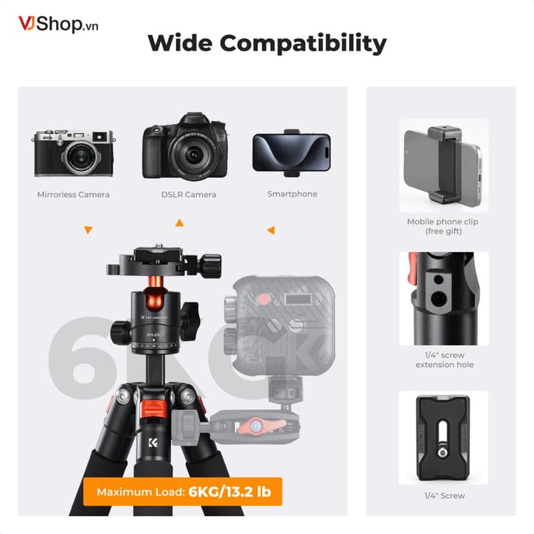 Được trang bị tấm tháo lắp nhanh tích hợp vít chuẩn 1/4 inch